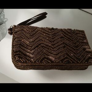 Vintage Sequin brown clutch , satin lined